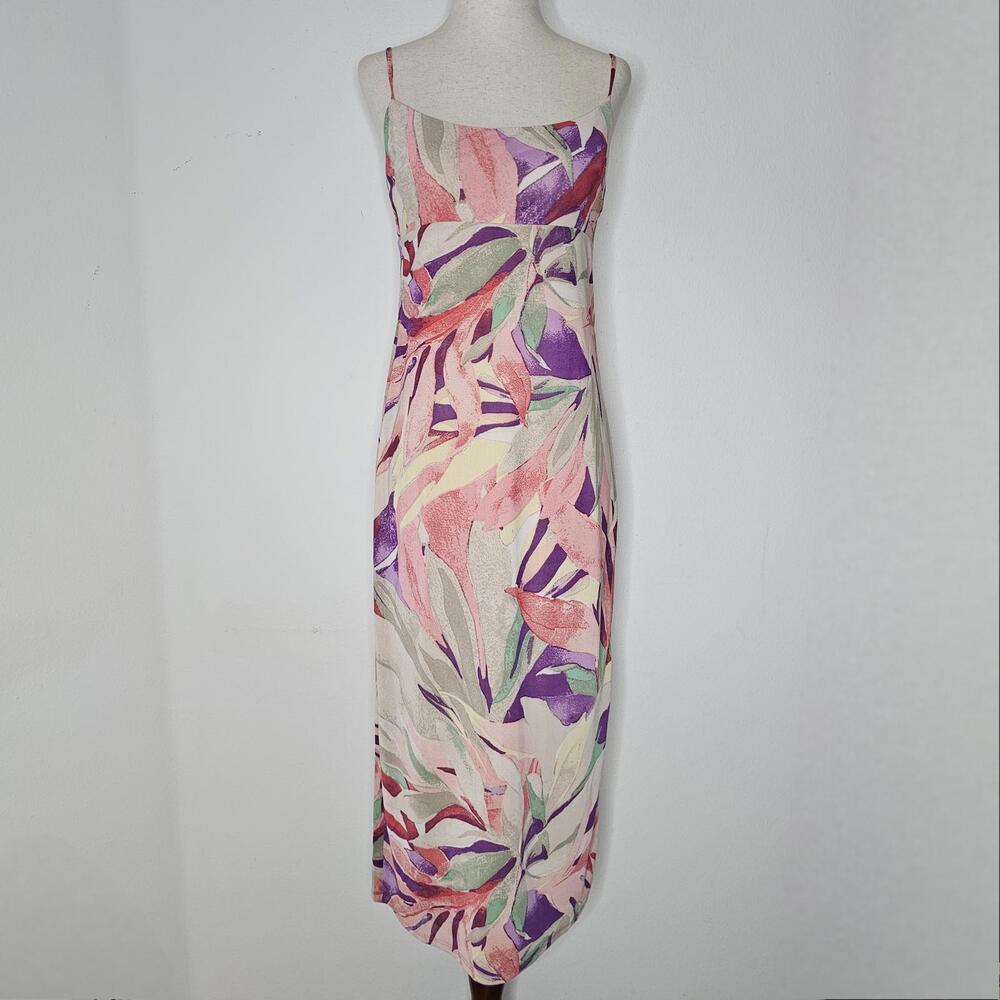 Wayf Cream Maxi Slip Dress with Pink & Purple Leaf Print